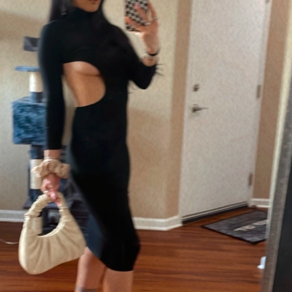 Long sleeve turtleneck open back cut out hourglass front midi dress -WORN ONCE!